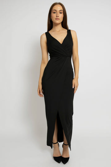 Chic Black V-Neck Front Slit Maxi Dress